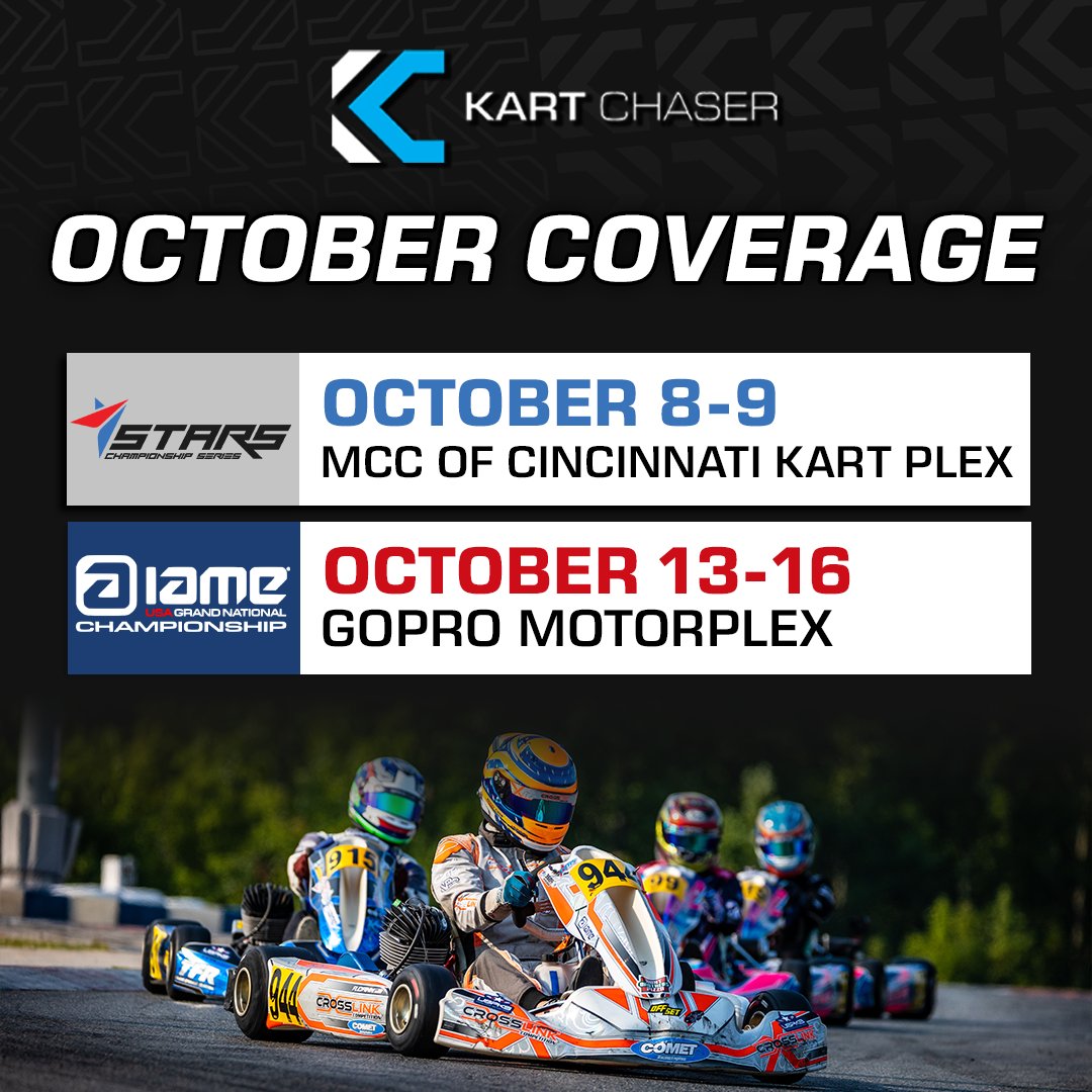 Kart Chaser October Coverage Schedule 

October 8-9 Stars Championship Series at MCC of Cincinnati

October 13-16 IAME USA Grand National Championship at @GoProMotorplex 

Catch all the action live at YouTube.com/KartChaser
