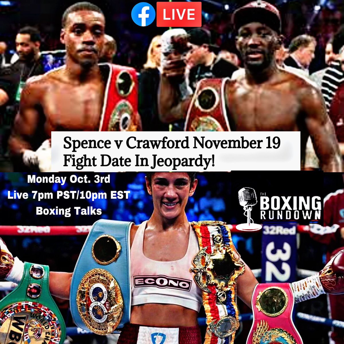 BoxingROKus's tweet photo. Tonight on another Episode of #TheBoxingRundownShow we have #BoxingTalks #SpenceJrCrawford November date in Jeopardy, #AmandaSerrano should she be the #GWOAT plus more. Tune in at 7pm PST/10pm EST. on #TheBoxingRundown Facebook page. #ThankYou
Powered by: @ScoutUSPro
@atoyac123 https://t.co/rG6trBBn2i