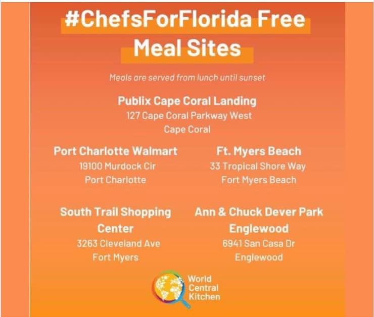 DylanFedericoWX's tweet photo. SW FLORIDA, if you’re hungry and need a hot meal, you can get one at the locations below until sunset. #flwx #Ian https://t.co/oACLoVaAKQ