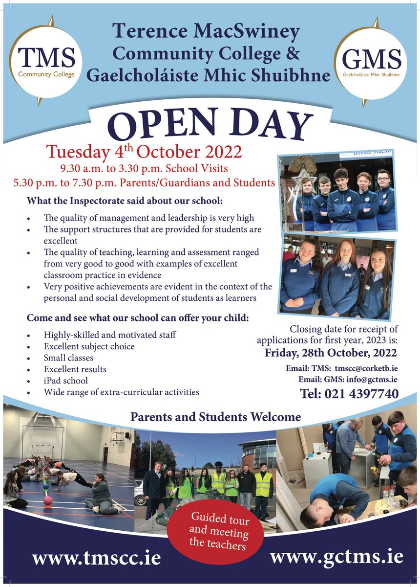 Open Day tomorrow.. Drop in, say hi and have a tour of our campus.  School visits happening during the day. 

Parents &amp; Students welcome  from 5.30 to 7.30 tomorrow evening . See you there 😀