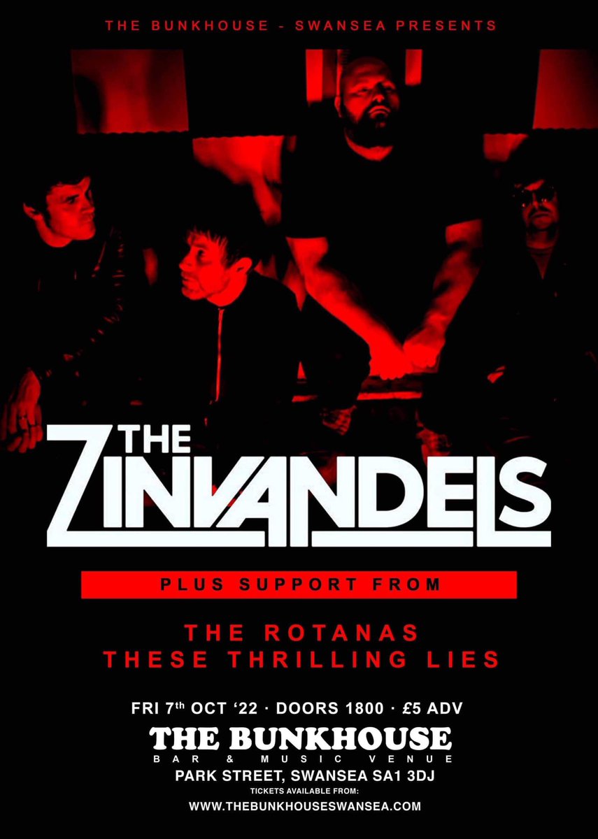 TheZinvandels's tweet photo. This Friday!! 7th October..With @TheRotanas &amp; @LiesThrilling…. @bunkhousebar gonna be a corker x https://t.co/bXItm9XANF