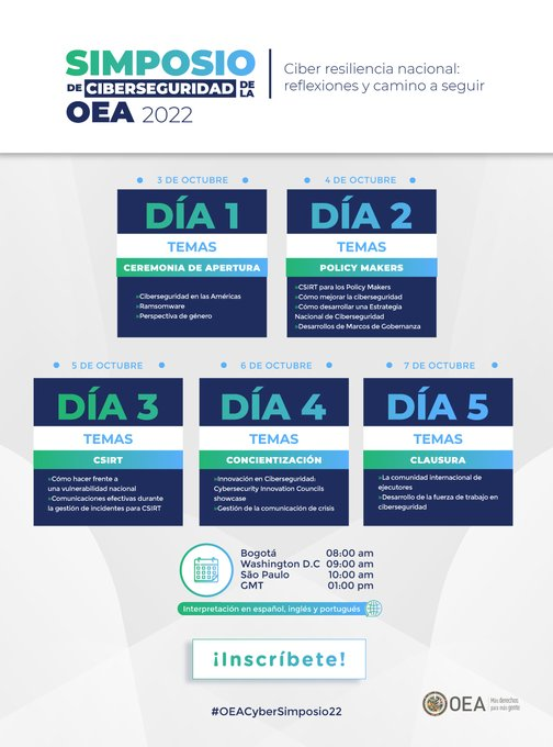 OEA_Cyber's tweet photo. Recuerda que durante toda la semana puedes incorporarte a nuestro #OEACyberSimposio22 y recibir capacitación de la mano de los mejores expertos en #Ciberseguridad

Inscríbete aquí para asistir a las sesiones👉 https://t.co/lvQuDg5uXS

Consulta la agenda👉 https://t.co/zfp3M1iKKz https://t.co/HCZgItZHTS