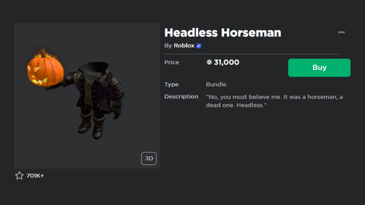 RBXNews on X: Headless Horseman has returned for 31,000 Robux