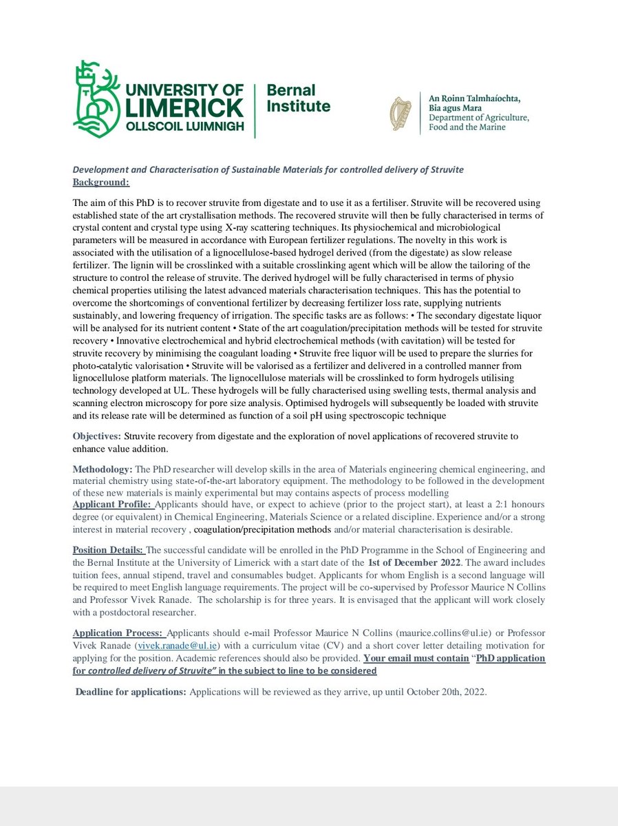 ProfMNCollins's tweet photo. PhD advert to join my group as part of the "VALid" project funded by DAFM  EU fees included. Looking for materials scientists/engineers or chemists https://t.co/lnTDdPTyr1