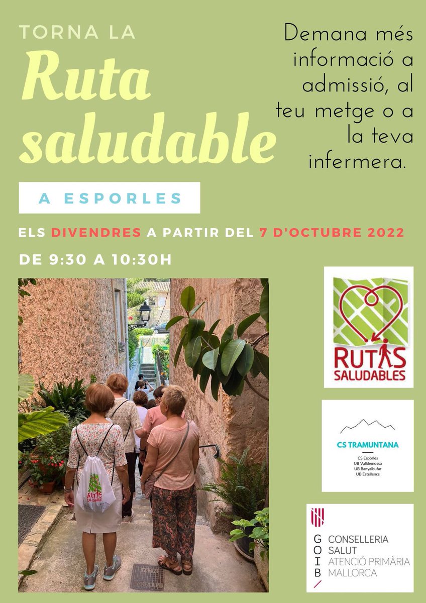 Vine a caminar! 🚶🏻‍♀️🚶🚶🏻‍♂️Aquest divendres reprenem la #rutasaludable d’Esporles. Encara no t’has apuntat? Vine divendres, t’esperem!! <a href="/apmallorca/">Gerència d'Atenció Primària de Mallorca</a> <a href="/AjEsporles/">Ajuntament Esporles</a> #apdeprimera #faigsalutfeimsalut #ruteros