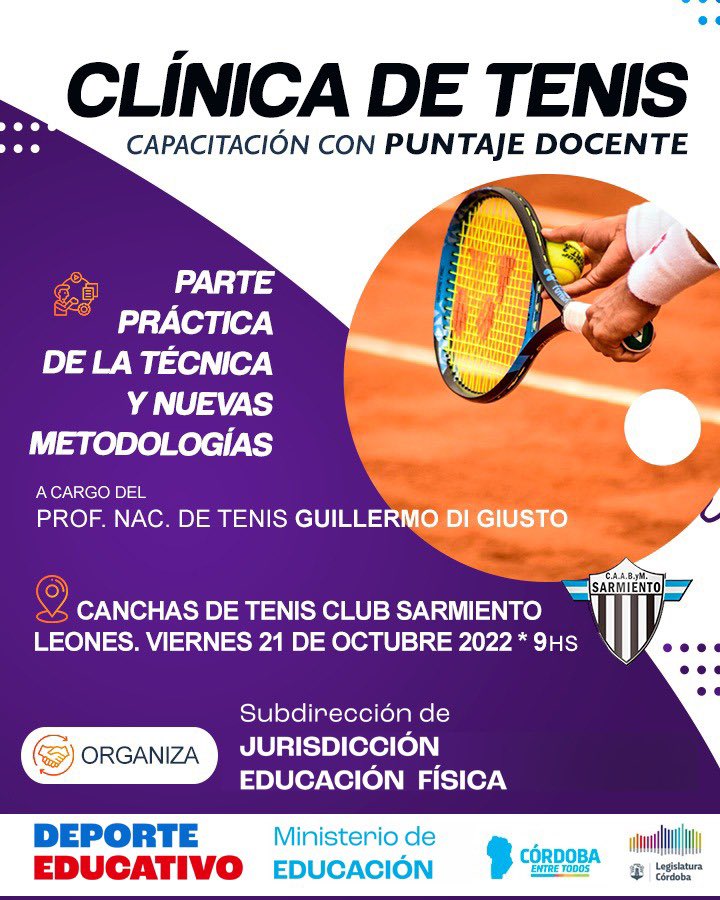 PikiMajul's tweet photo. 👩‍🏫👨‍🏫 El viernes 21 traemos una nueva jornada de capacitación con #puntajeDocente al #departamentoMarcosJuárez.

✍️ La clínica de tenis será en el Club Sarmiento de #LeonesCba y los/as profes que deseen participar deberán inscribirse en Inspección de Educación Física. https://t.co/DHLudnXE4s