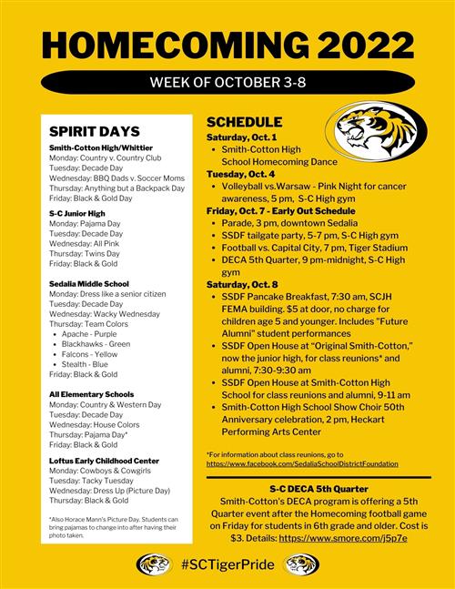 Calling all Parade Watching, Flags Flying, Band Marching, Hot Dog Grilling, Football Loving, "Sedville Will Shine Tonight" Singing,  Pancake Eating, Alumni Reminiscing, Show Choir Dancing, Black and Gold Bleeding TIGERS. It's Smith-Cotton High School HOMECOMING WEEK!!!