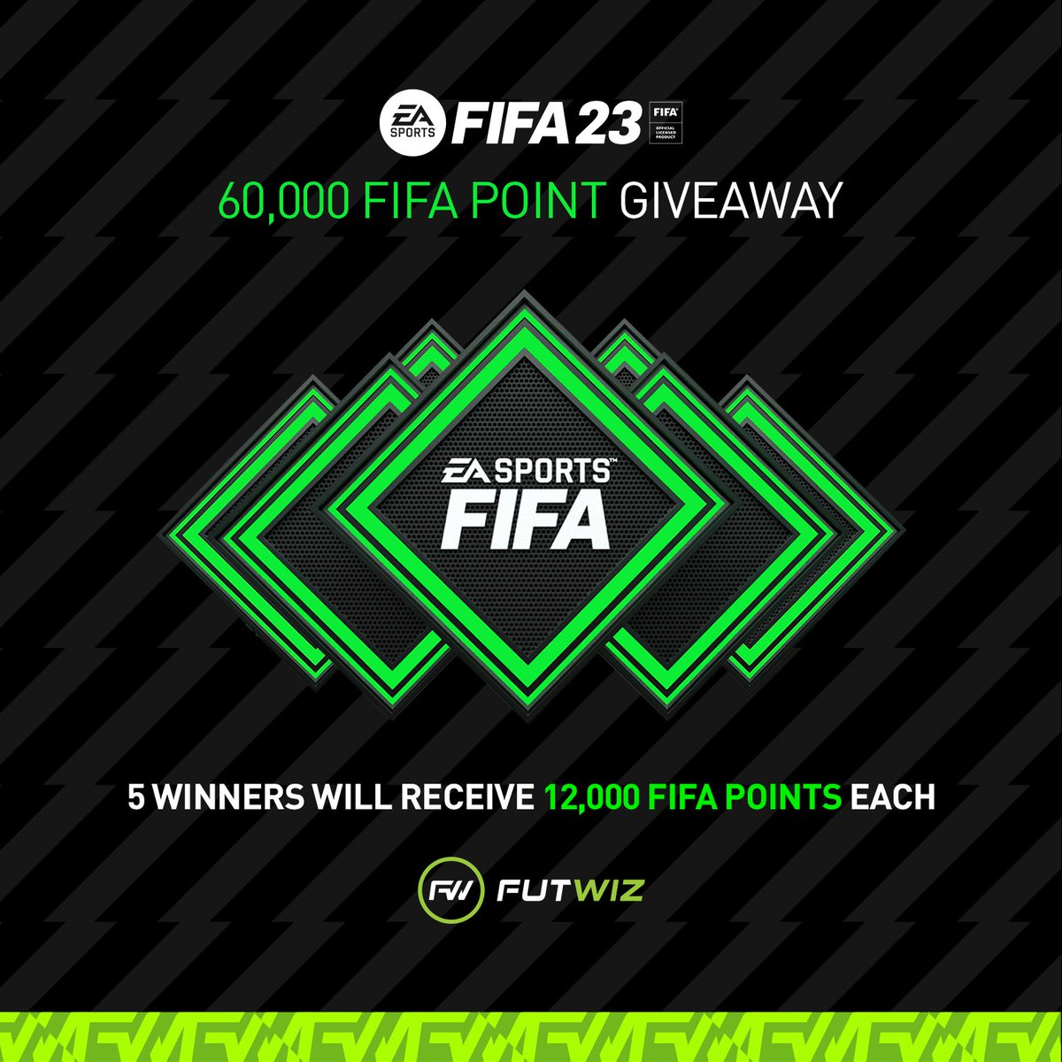 MASSIVE #FIFA23 GIVEAWAY🚨 60,000 FIFA POINTS 🔥 5 Winners will receive 12,000 FIFA Points each🎉 All you have to do to enter is⤵️ - Follow @FUTWIZ ✅ - Retweet 🔁 - Like ♥️ Winners will be drawn at random on Monday 10th October🙏 Good luck! #TeamFUTWIZ 💚🖤