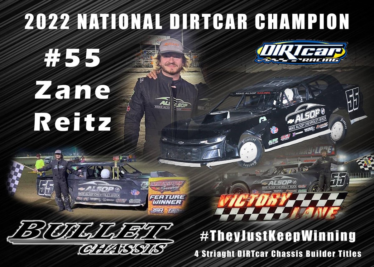 BulletChassis's tweet photo. Congratulations to Zane Reitz and his team on a great season!! 16 wins on your way to the 2022 @DIRTcarRacing National Title! The top 5 in National points were all Bullet Chassis 
1 Zane Reitz
2 Megan Erwin
3 Terry Reed
4 Ian Keller
5 Jerrad Krick
#TeamBullet #TheyJustKeepWinning https://t.co/lcHwDtbzio