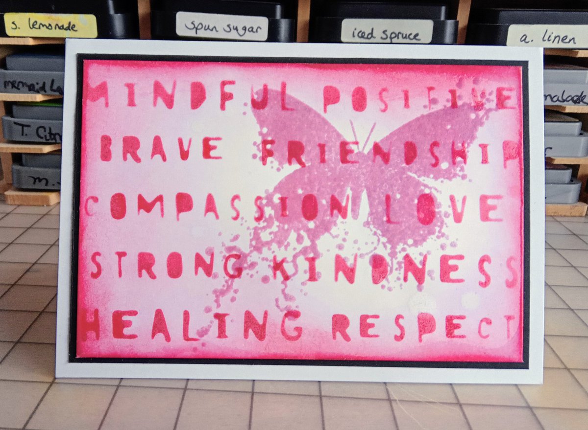 by_maxine's tweet photo. Happy Monday peeps! 
Today I'm sharing a positivity card.
Pretty pinks to brighten up someone's day. 😊
Using distress inks, stencil, stamp &amp; heat embossing. 
#ButterflyInkognito #Wordsofwisdom 
#VisibleImageStamps #VisibleImage #DistressInks #Buttefly #Positivity #PrettyInPink https://t.co/XXv0sYmmaa