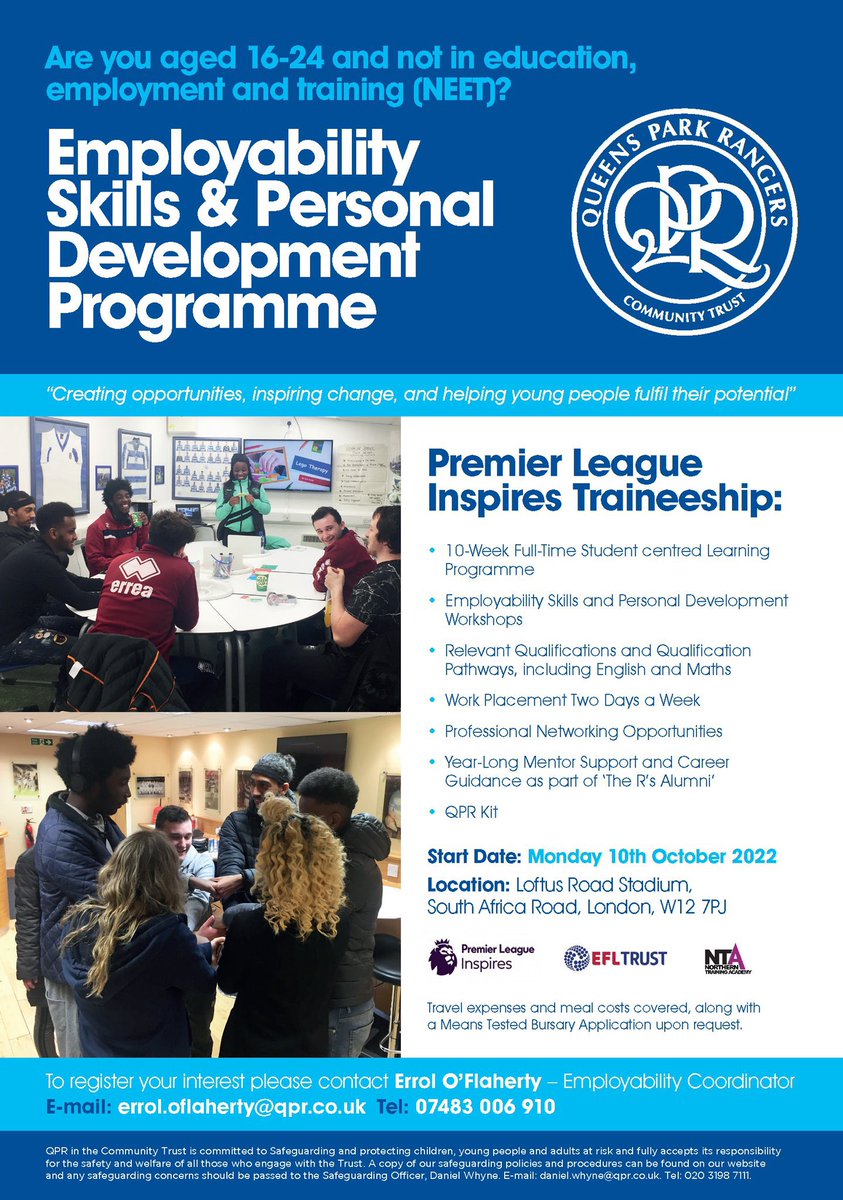 QPRtrust's tweet photo. 💼 Are you aged 16-24 and not in education, employment and training? 

Gain valuable experience and build great connections during our 10-week programme starting 10th October. 

To register your interest please email errol.oflaherty@qpr.co.uk

#QPR | #PLInspires https://t.co/a8Ym4Sm8Jl