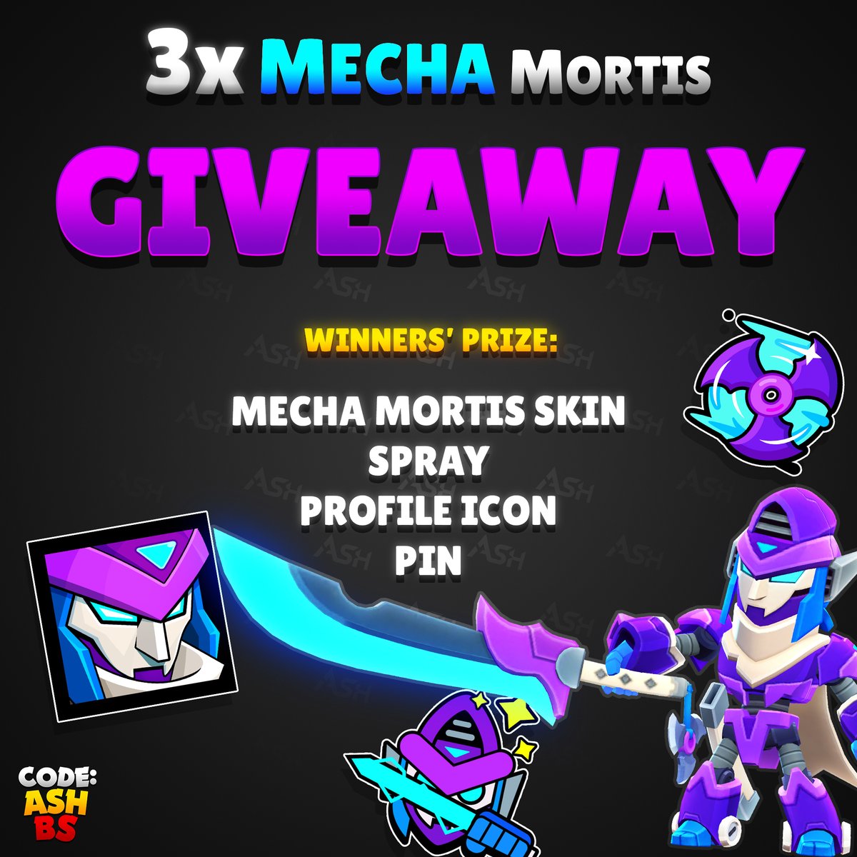 AshClashYT's tweet photo. 3 MECHA MORTIS GIVEAWAY! 

To Enter:

✅ Just Like this post and Follow 
@AshClashYT

That's it! ❤️

Optional BONUS: Join my Discord and enter for another Mecha Mortis giveaway! https://t.co/t3qdgi0NfY 

Good luck!  #MechaMortisGiveaway #BrawlStars https://t.co/HS1SQmux4O