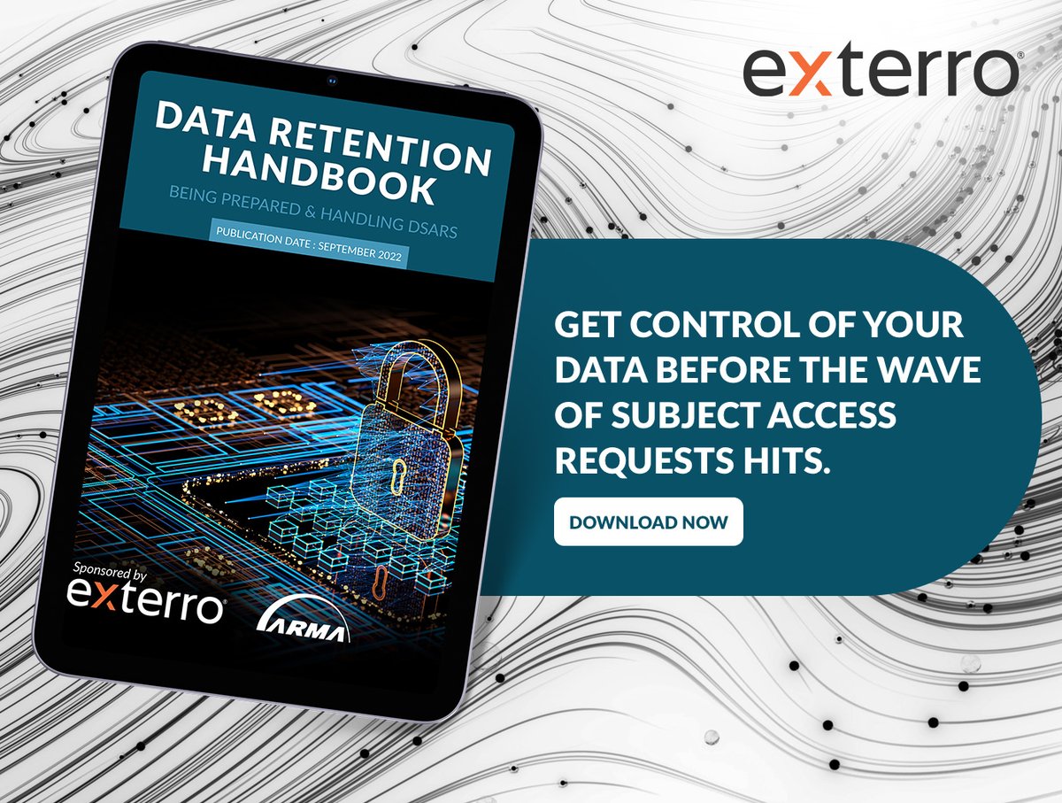 Exterro's tweet photo. #Dataretention is the โicebergโ issue in privacy and data protection. Download our #newhandbook to learn how a #datainventory serves as the foundation for operational data retention and data subject access requests.๐ https://t.co/Oz5zjcoo1H
#Privacy #DSARresponse https://t.co/rsdbwcoqIC