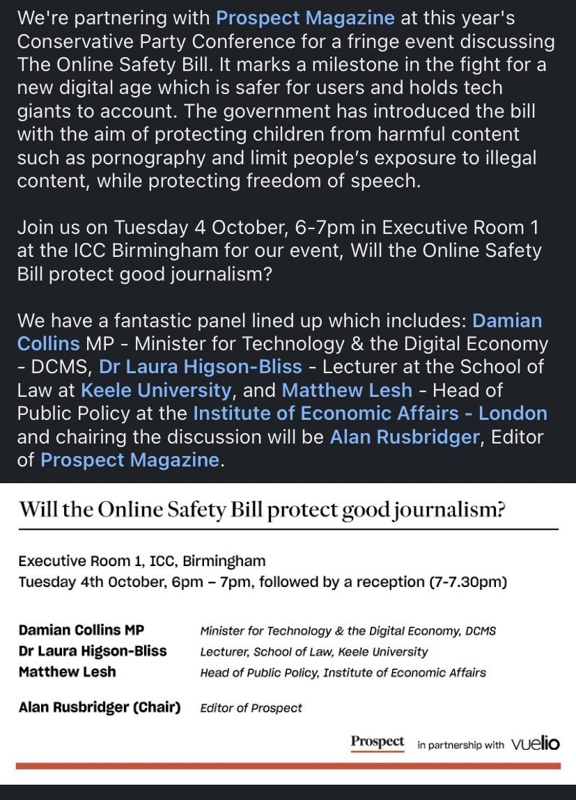 Very much looking forward to discussing the Online Safety Bill tomorrow at the #CPC2022 with <a href="/prospect_uk/">Prospect</a> and <a href="/Vuelio/">Vuelio</a>. I will be speaking alongside <a href="/DamianCollins/">Damian Collins</a> MP &amp; <a href="/matthewlesh/">Matthew Lesh</a>. It will make for a very interesting discussion that is for sure! Find out more 👇