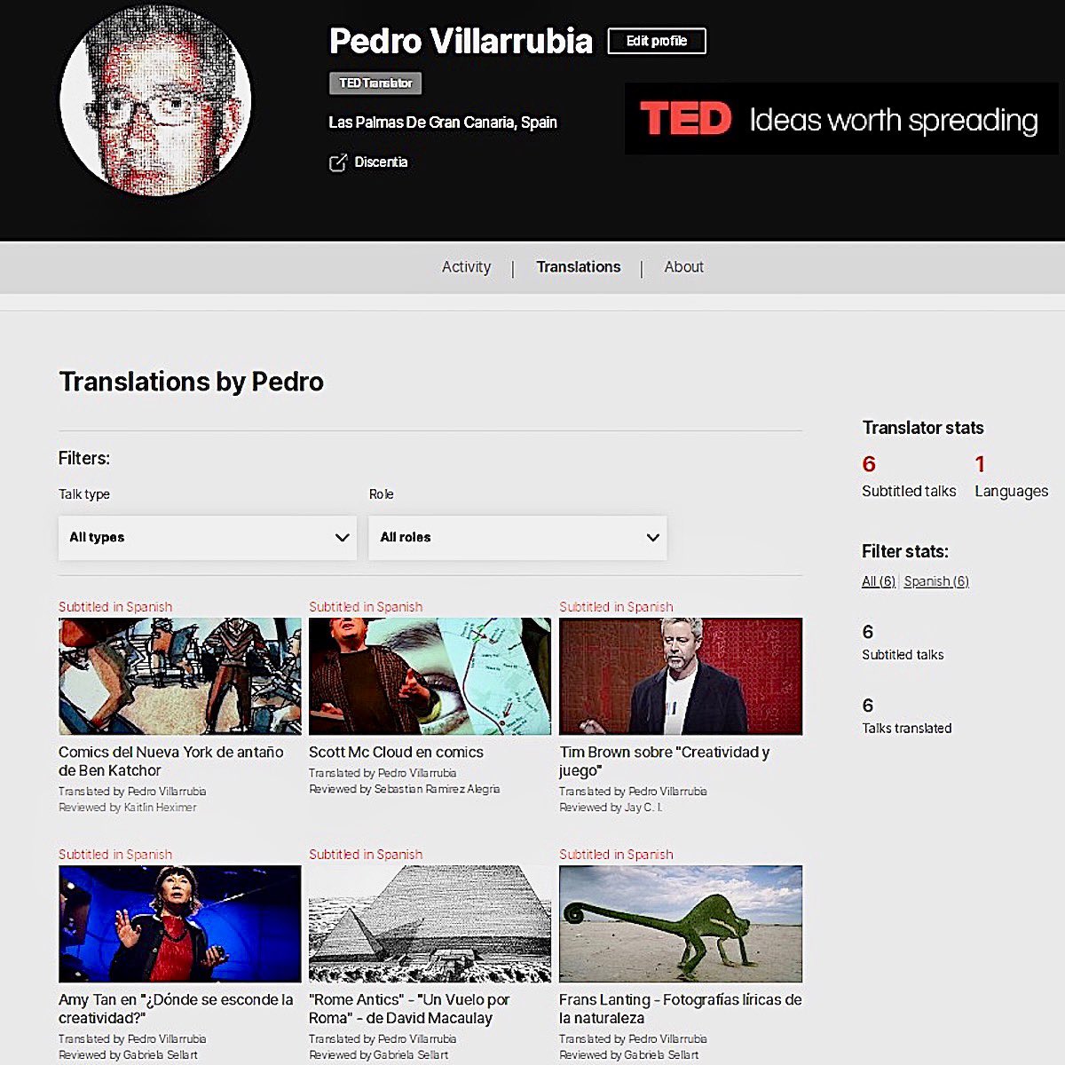 pvil's tweet image. Hoy @alemardemi me hizo recordar mis seis traducciones de las @TEDTalks : @benkatchor, @ScottMcCloud10,Tim Brown @tceb62 , @AmyTan , @dgmacaulay y @LantingFrans … esas #inutilidades que se hacen por puro amor y curiosidad. #tedtranslators #tedtalks ted.com/profiles/94883…