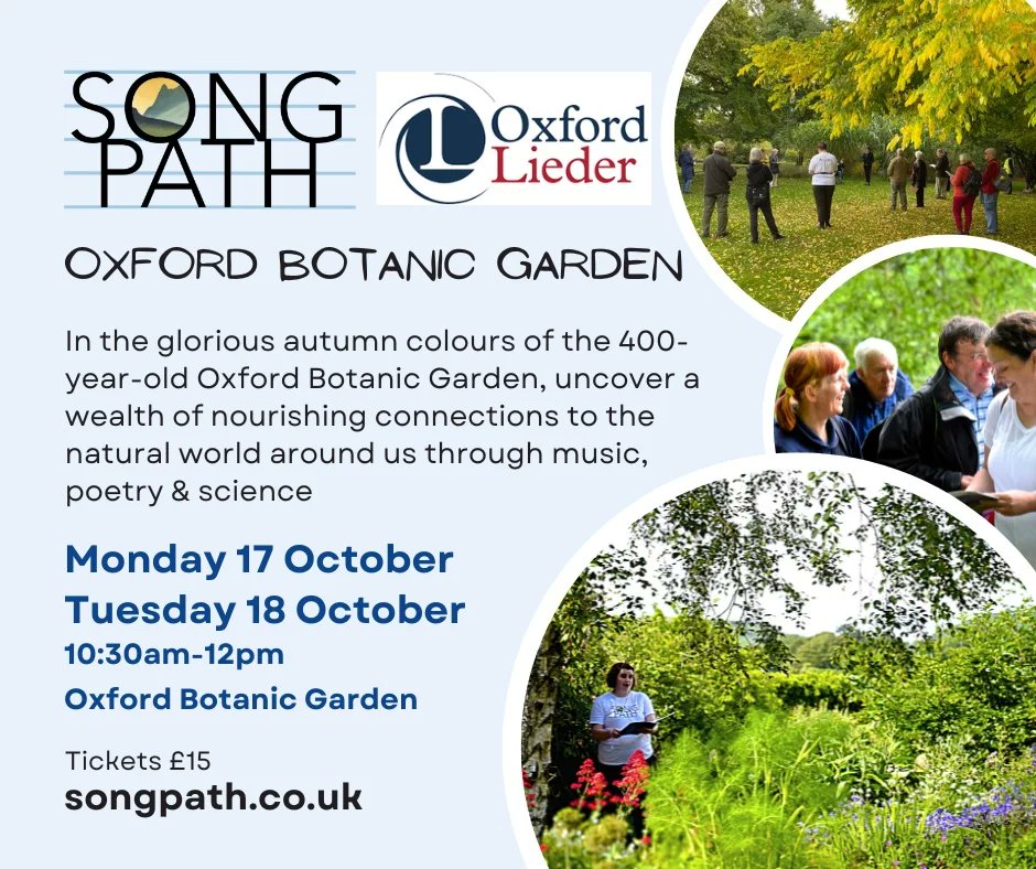 SongPath's tweet photo. ๐ฃ "All those who wander are not lost" ๐ฃ
๐ณ In two weeks we'll be returning to Oxford Botanic Garden with #SongPath - our unique interactive events that provide nourishing ways of connecting through walking, talking & music-making.
We can't wait to be back @OxfordLieder! https://t.co/gYT03O3Mzp