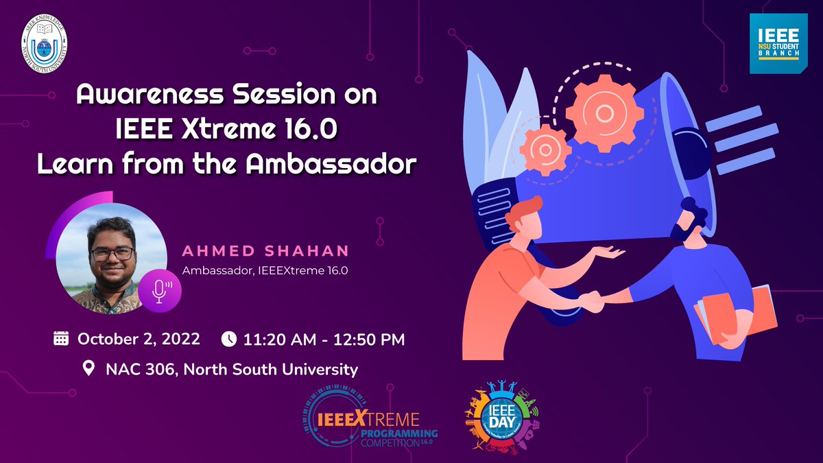 ieeensusb's tweet photo. IEEE organizes IEEEXtreme, a 24-hour programming competition that takes place worldwide. To know the details about IEEEXtreme, IEEE North South University is going to arrange an awareness session.
#IEEE
#IEEEDay
#ieeeday2022
#INSB https://t.co/4aGJ5zZp1x