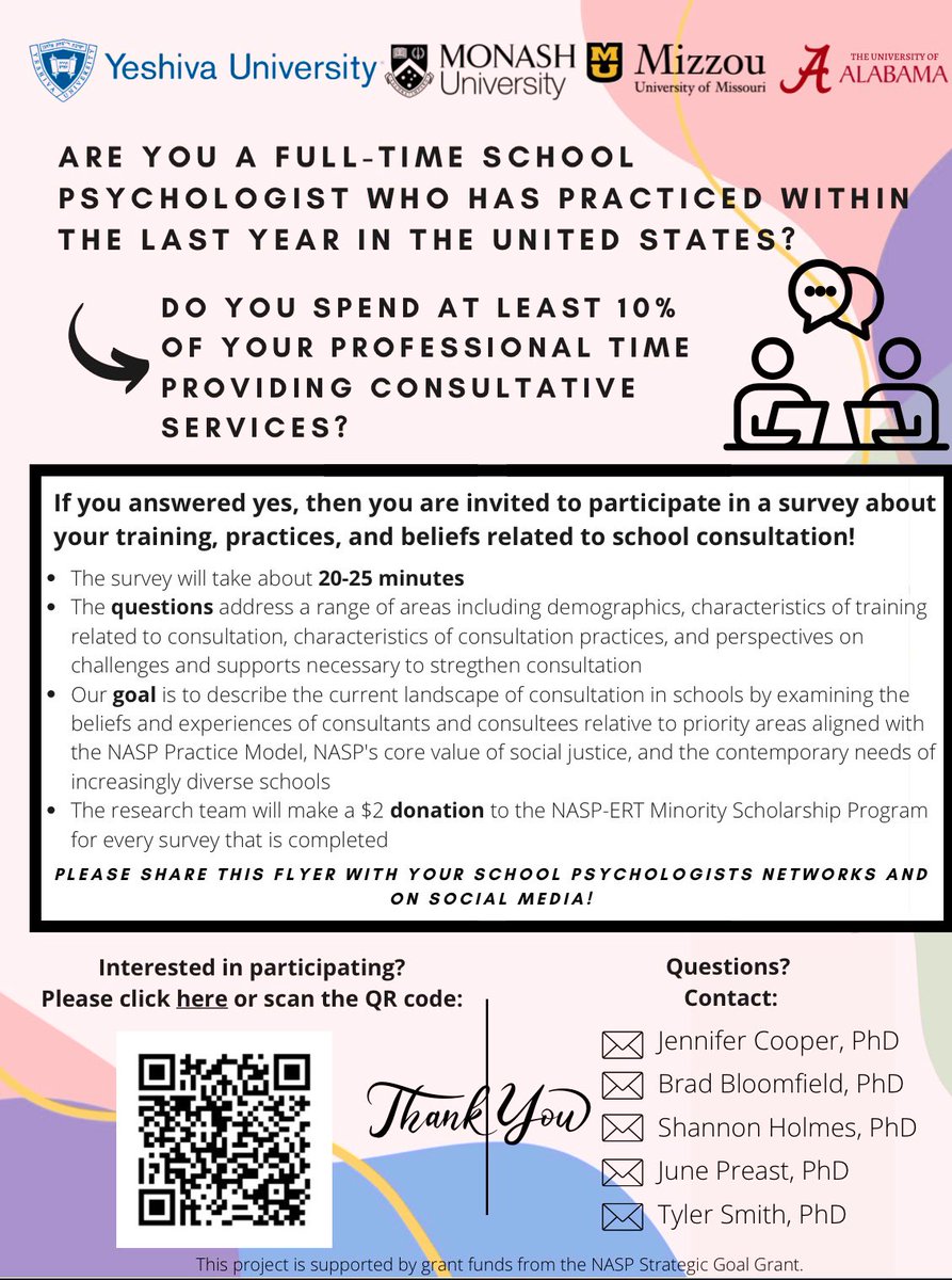 Dr. June Preast (@junelaney) on Twitter photo Are you a practicing school psychologist who spends at least 10% of your time engaged in consultation in schools? Please take our ~20 min survey! 📋 yeshiva.co1.qualtrics.com/jfe/form/SV_eD…… Shares & retweets appreciated
<a href="/nasponline/">National Association of School Psychologists</a>
<a href="/apadivision16/">APA Division 16</a> Are you a practicing school psychologist who spends at least 10% of your time engaged in consultation in schools? Please take our ~20 min survey! 📋 yeshiva.co1.qualtrics.com/jfe/form/SV_eD…… Shares & retweets appreciated
<a href="/nasponline/">National Association of School Psychologists</a>
<a href="/apadivision16/">APA Division 16</a>