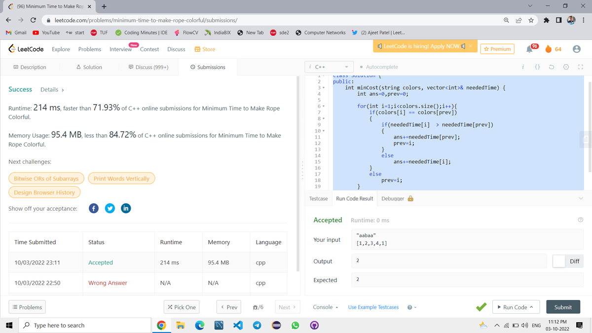 mpathak382's tweet photo. Completed Day 95 of 100 Days of Code Program by  
@CodeinCommunity Supported by @MinutesCoding

I solved Min Time to mk Rope Colorful on Leetcode
https://t.co/EOlxMWd69o
Discord-https://t.co/DXwhp7UUAT

#100daysofcodechallenge #codeincommunity  #codein100daysofcode #100DaysOfCode https://t.co/HMwy7sBgbI