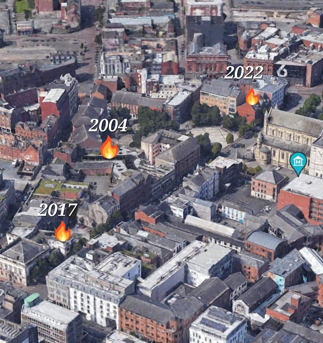 One Cathedral Quarter street, three major fires: 17 April 2004 - North Street Arcade 17 November 2017 - Exchange Place 3 October 2022 - Cathedral Buildings How many more?...