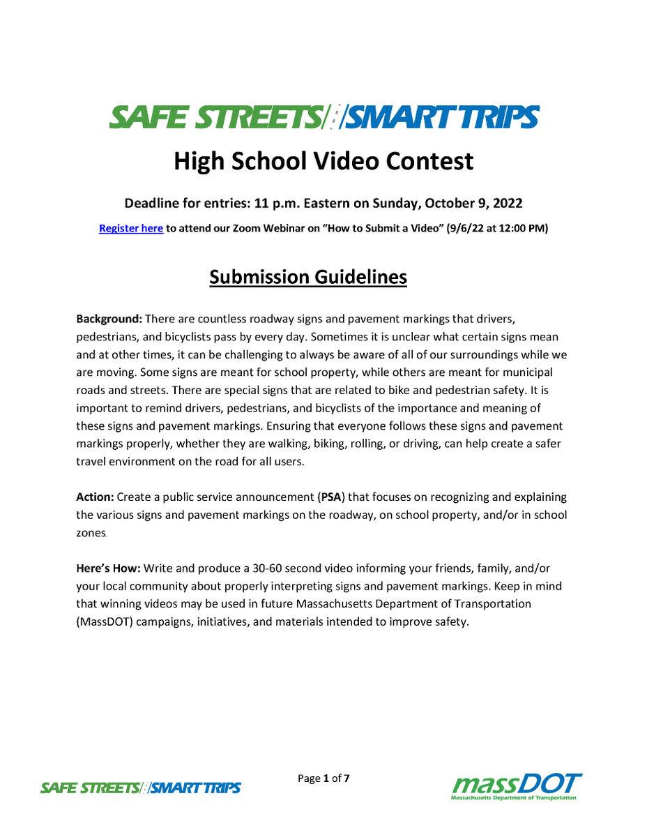 SafeRoutes_MA's tweet photo. The deadline for the @MassDOT #SafeStreetsSmartTrips High School Video Contest is Sunday, October 9, 2022! View the contest guidelines, submission forms, previous winning videos, & a recording of the information session here https://t.co/BSZgdXCTuy. #srts https://t.co/fyi6QDDLOk