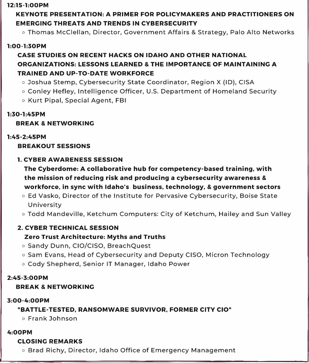 To celebrate Cyber Security month Idaho Policy is hosting a Cybersecurity Summit to highlight the importance of being 'cyber secure' and can be done to achieve this. The conference is free of charge AND includes a free lunch! 

Link to sign up: events.r20.constantcontact.com/register/event…