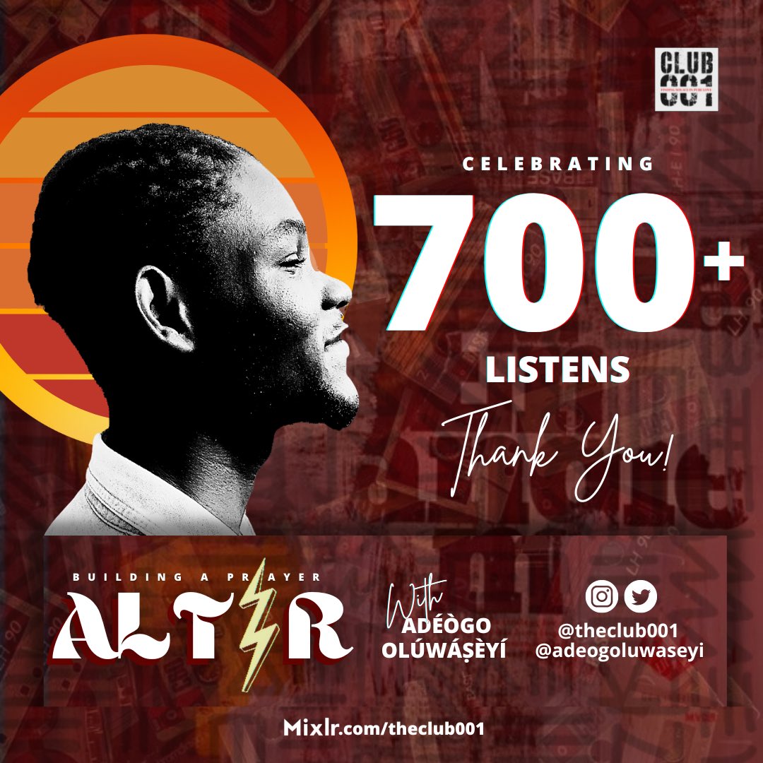 AdeogOluwaseyi's tweet photo. Thank you for 700+ live listens on ALT⚡️R. Thank you for prioritizing you prayer ALT⚡️R. Thank you for being a part of what God is doing at @THECLUB001.
Keep praying, God bless you.❤️🫀
#ALTAR #Club001 #GWDBB https://t.co/0ifXZTnuNT