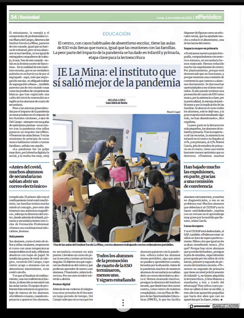 InsEscLaMina's tweet photo. Moltes gràcies @Hlopezvallejo per l'article sobre la vida del nostre Centre, l'entusiasme i el compromís de l'equip de professionals al #barriLaMina per la #equitat i la #inclusió El repte és com abordar les dificultats d'aprenentatge dels infants més petits després del covid https://t.co/J5tuM1w1sw