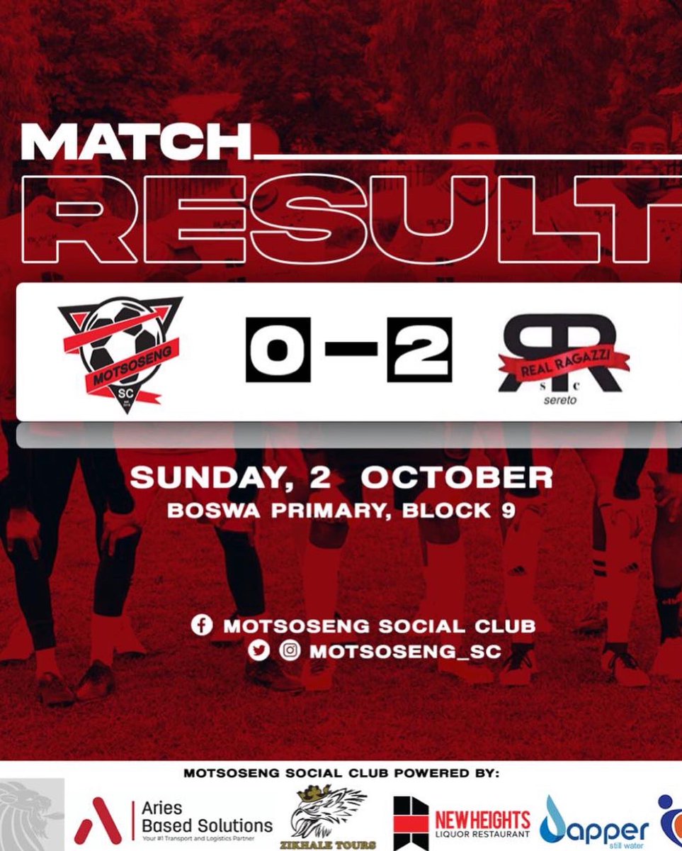 Motsoseng_SC's tweet photo. After a good run,we lost to Real Ragazzi Social Club this past Sunday, entertaining game but only one winner on the day👊🏽Thank you to everyone that came out once again to support the boys.#TRC912 #ZikhaleTours #AriesBasedSolutions #DapperStillWater #LeoGroupOfCompanies #NewHeight https://t.co/fzAlHGUtyk