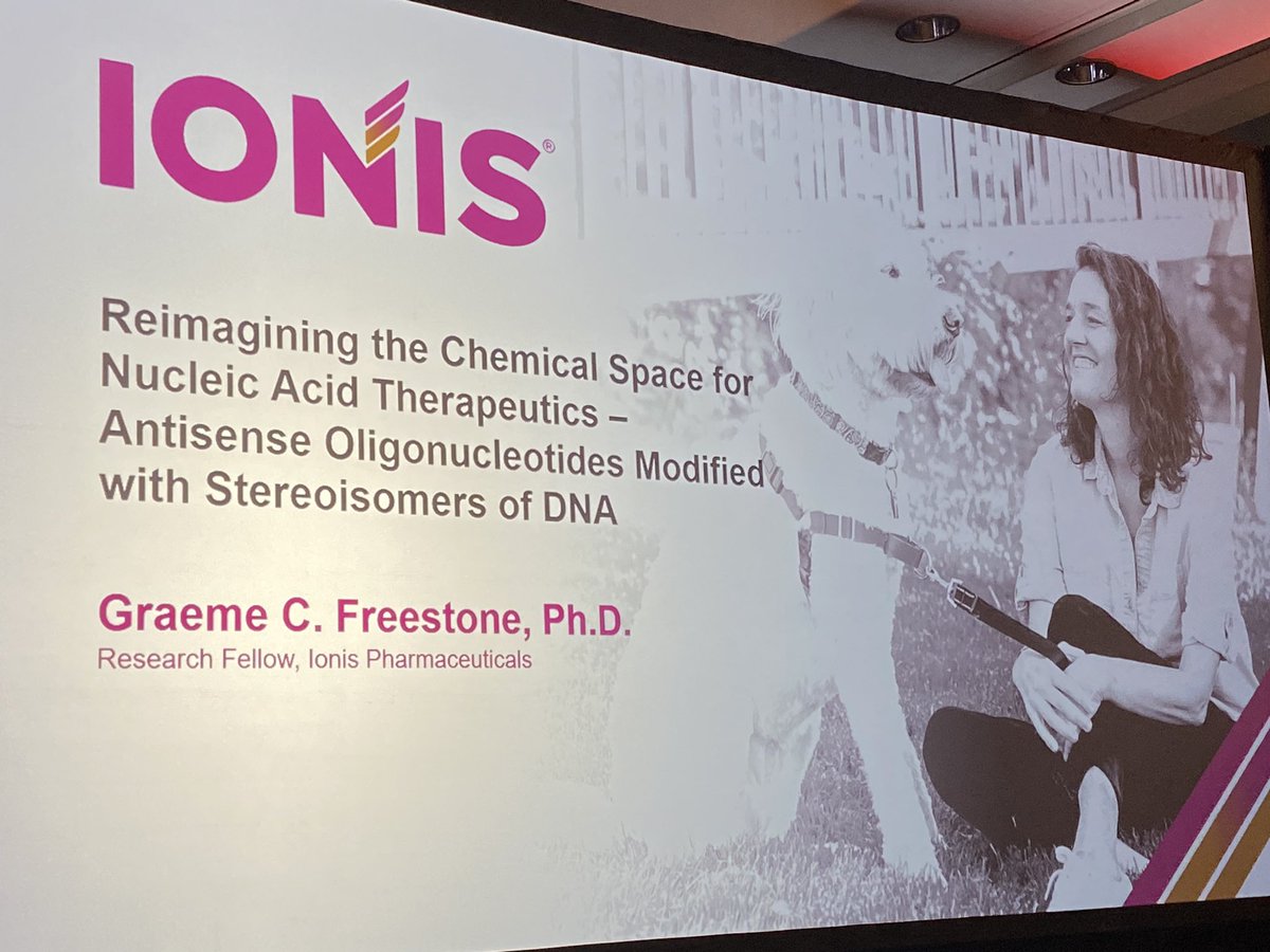 oligogirl's tweet photo. #ots chemistry session back to stereochemistry with Greame Freestone from @ionispharma There are different isomers. Usually ASOs contain a mix of isomers (at each backbone position). New synthesis methods allow production of stereopure ASOs. https://t.co/KhifHLSCZr