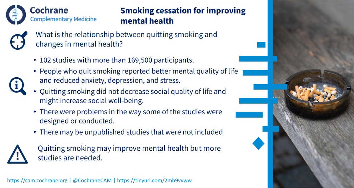 What is the relationship between #quittingsmoking and changes in #mentalhealth? Find out more #healthevidence in this review from @CochraneTAG: cochrane.org/CD013522/TOBAC…

#mentalillnessawarenessweek @WHO @Cochrane_CCMD #quitsmoking