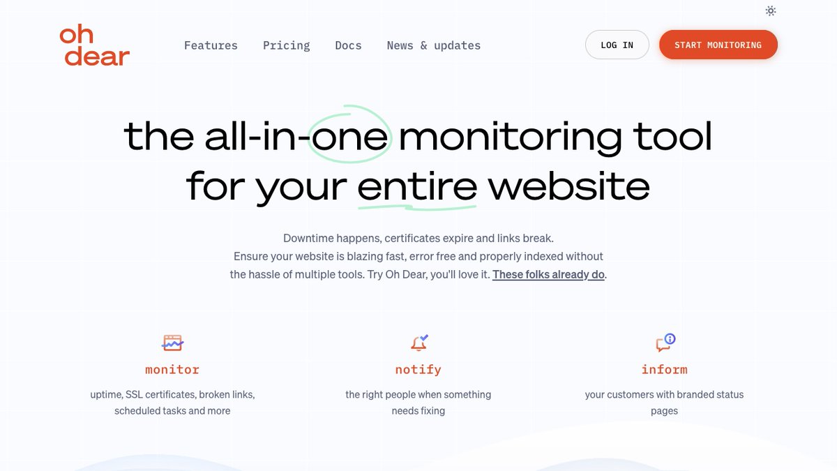 I like the new design of <a href="/OhDearApp/">Oh Dear</a>‘s website. It‘s so much better than before.

What #ohDear is? A monitoring service for your #website(s) that includes everything you‘d like to keep an eye on like uptime, performance, certificates, broken links, cron-jobs, DNS and more. 👍