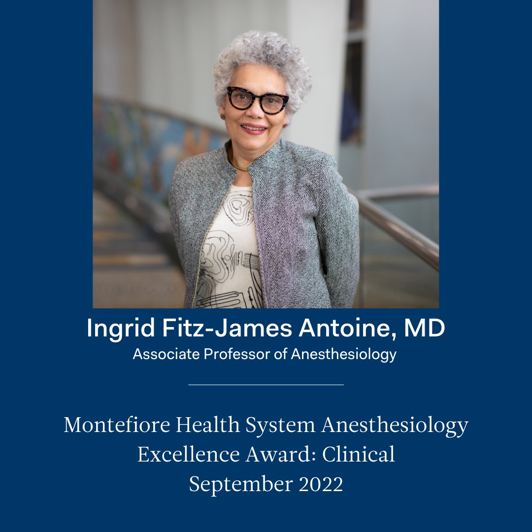 MonteEinstAnest's tweet photo. Congratulations, Dr. Ingrid Fitz-James Antoine, for receiving the @MontefioreNYC #Anesthesiology Excellence Award in the Clinical Category!

Dr. Fitz-James is a #pediatric clinician par excellence who has committed her career to the care of infants and children.

#MontefioreProud https://t.co/KfXKBxb8tA