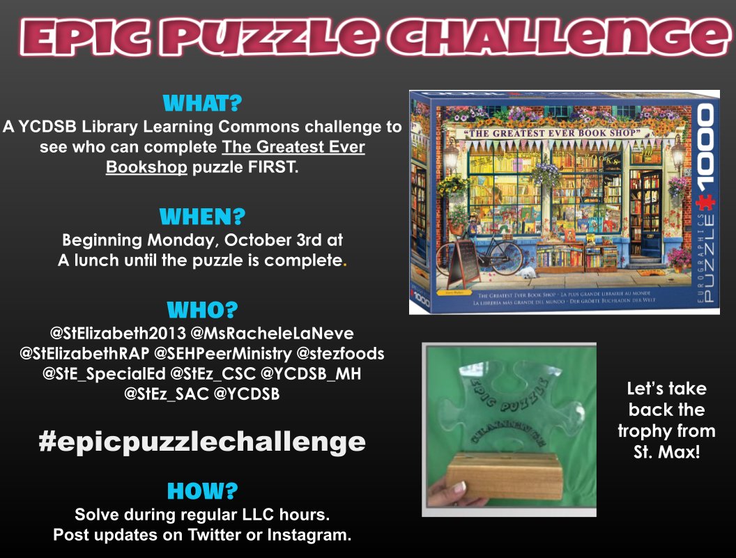 MsRacheleLaNeve's tweet photo. The #epicpuzzlechallenge is happening in the #StELLC @StElizabeth2013  until complete. Let's get that trophy from @Kolbetweets  #healthycompetition @ycdsb #ycdsblibraries #teamwork #collaboration #GoPanthers https://t.co/kQgqLDmqry