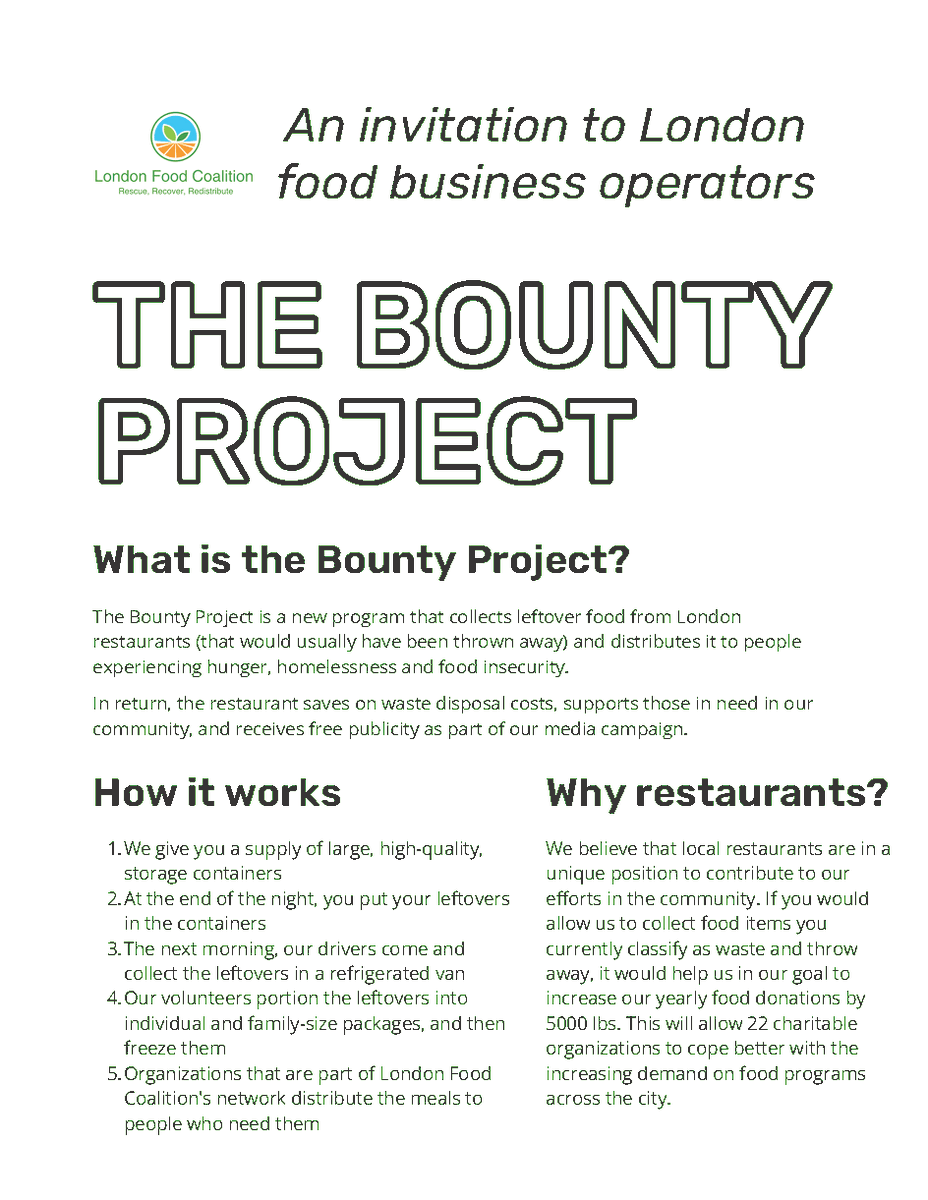 Downtown_London's tweet photo. 📣 ATTENTION DOWNTOWN RESTAURANTS! 📣

@reimagineco_ and the @LetsFeedLondon is working on an exciting new pilot project, the "Bounty Project", to increase the amount of food diverted from landfill to instead feed Londoners experiencing hunger and food poverty. Join today! https://t.co/tC3RnWI9zd