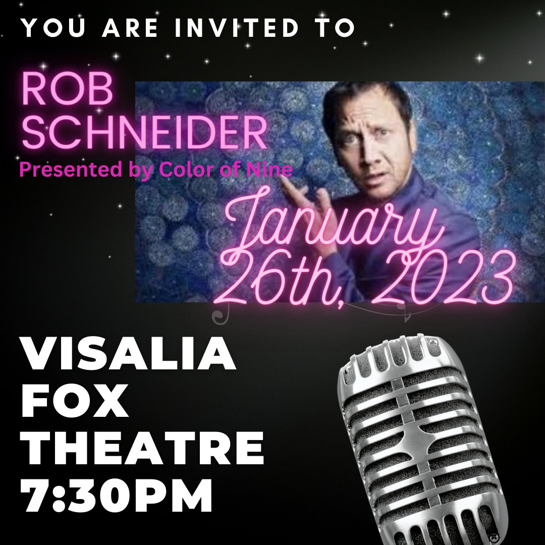 VisaliaFox's tweet photo. 💥ANNOUNCEMENT💥 The Awesome Rob Schneider presented by Color of Nine will be performing at the Visalia Fox Theatre on January 26th, 2023!!
Tickets go on sale this Thursday, October 6th at 10am!
👉Click here to purchase https://t.co/AnIQi6pArY....
#Visalia #downtownvisalia https://t.co/mctTYjIjaJ