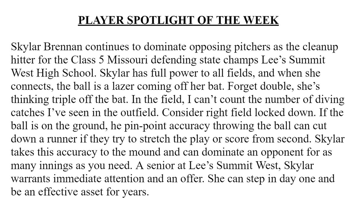 brian_greer's tweet photo. Lee's Summit West Player Spotlight: @BrennanSkylar. Already on many schools' radar, she warrants immediate action now to get her signed to your program! https://t.co/5SAbeQUTDT