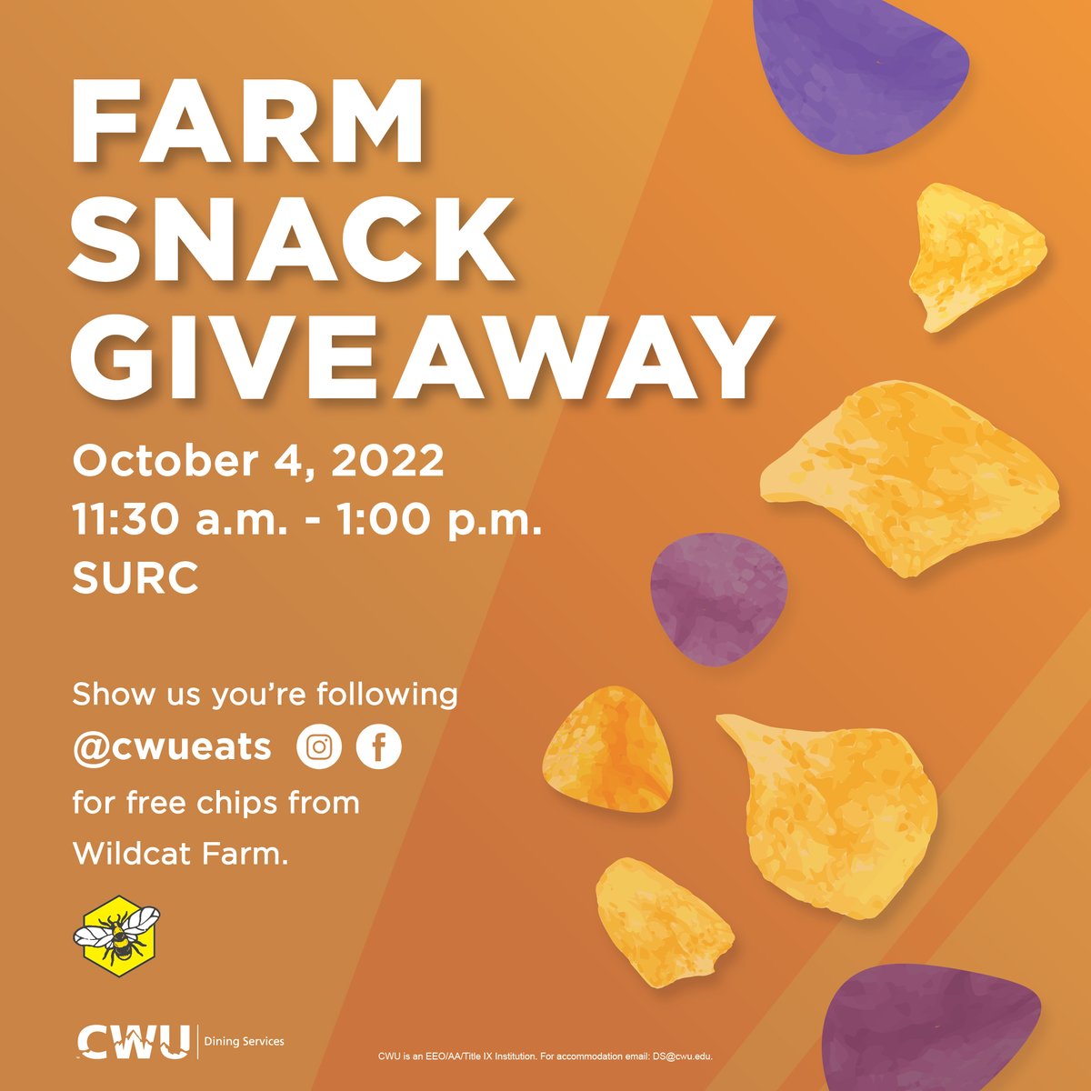 Pick up a snack sourced from our own Wildcat Farm at our table in the SURC on Tuesday, October 4, from 11:30 a.m. to 1:00 p.m. while supplies last. See you there! 

#CWUEats #CWUFarm