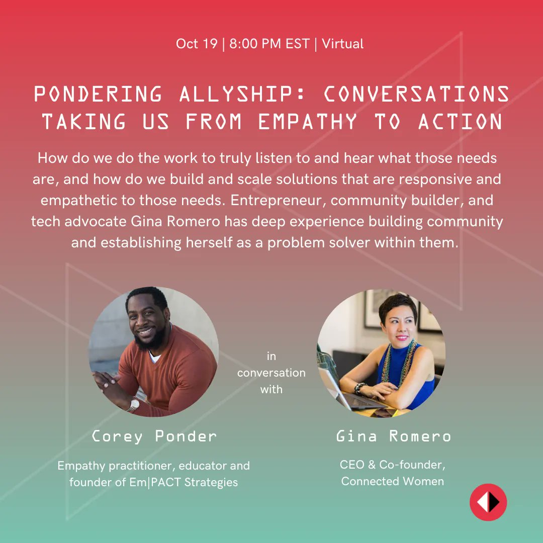 <a href="/coreytponder/">Corey</a> is back with another episode of Pondering Allyship! On Oct 19 he and <a href="/gina_romero/">Gina Romero</a> will be discussing what it means to build community with purpose, and to problem solve for communities with empathy. Sign up below to join them!👇
airmeet.com/e/3da256c0-e1a…
