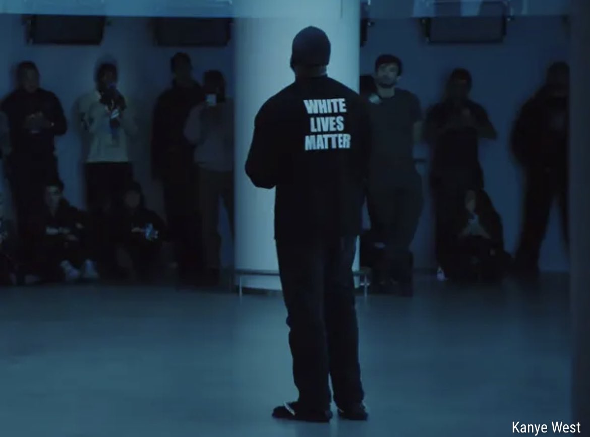 TheMarieOakes's tweet photo. Kanye West (Ye) wears a “White Lives Matter” shirt during his Yeezy Fashion Show in Paris, France. https://t.co/EXgdcYmfXb