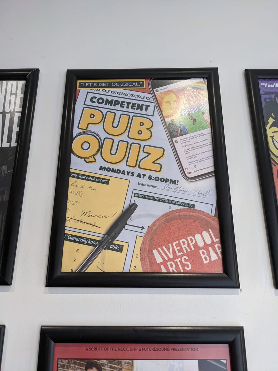 It’s Pub Quiz night! 

8pm at The Liverpool Arts Bar, £2 each to play! £50 to be won! 

#Quiz #trivia #pubquiz