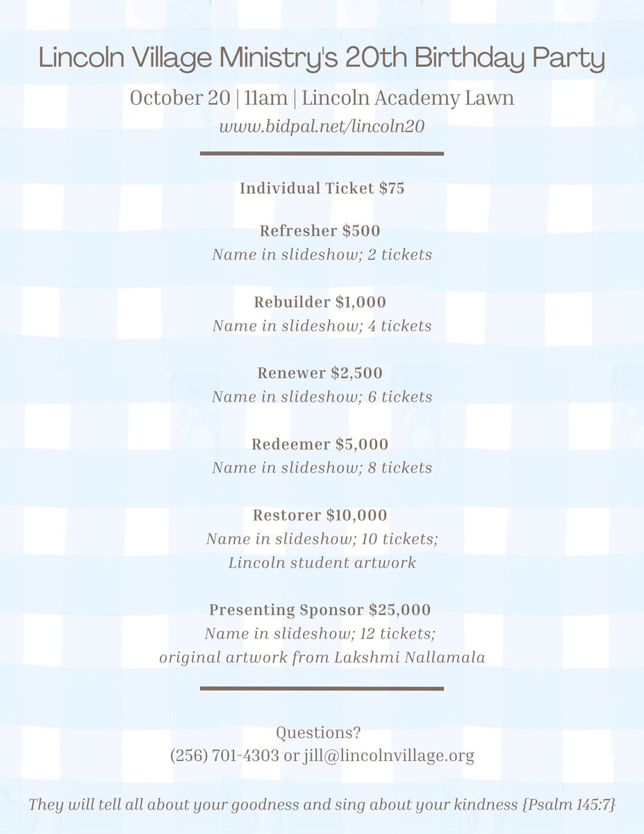 LVMinistry's tweet photo. We're turning 20! Help us reach our ambitious fundraising goal and be a part of a very generous match!

Visit https://t.co/EeNdckSGpJ for more info and to purchase tickets/sponsor the event! 

#LVPC #LincolnVillage #AnnualBanquet #Youareinvited #BirthdayParty #LincolnTurns20 https://t.co/6FyV1XJTok