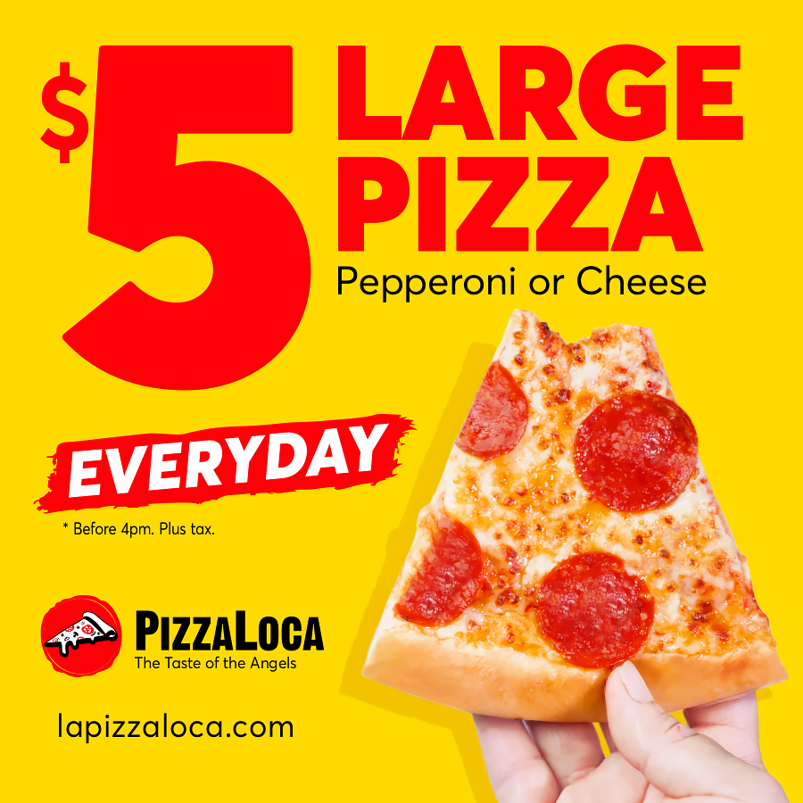 PizzaLocaUSA's tweet photo. Get your $5 dollar pizza from 🍕PizzaLoca®.
Order at this price before 4pm 😁👌
🔴 PRE-ORDERS AVAILABLE!
https://t.co/yYSLhpPC6l
#lapizzaloca #6thStBridge #telemundo52 #Univision34 #curacaousa #mega96 #LAUSD #losangeles_community_
* Large Pepperoni or cheese only. Plus Tax. https://t.co/mlXoQdF9bc