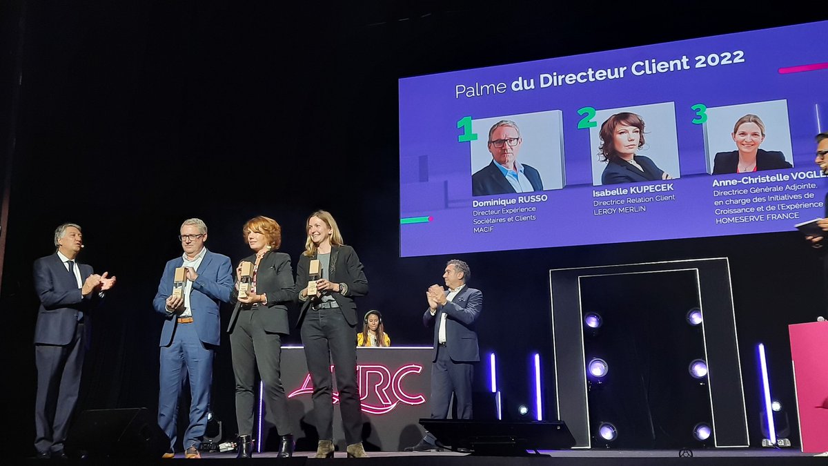 EmmanuelPLOTON's tweet image. Cérémonie Les Palmes de la relation client en direct du Théâtre de Paris.
  👉 Palme du Directeur Client 2022 :
1/ Dominique Russo @MAIF 
2/ @IsabelleKupecek @leroymerlinfr 
3/ @ACVogler @HomeServe_FR

@AFRClient