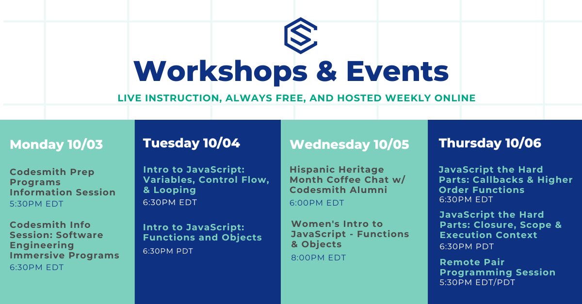 codesmith_'s tweet image. #LearnToCode this week! Join the #Codesmith community to experience hands-on workshops in JavaScript, user interface and more! 

RSVP here: learn.codesmith.io/3LVl6vS

#100daysofcode #Programmer #JavaScript #Coding #Developer #Programming  #Software  #Coder