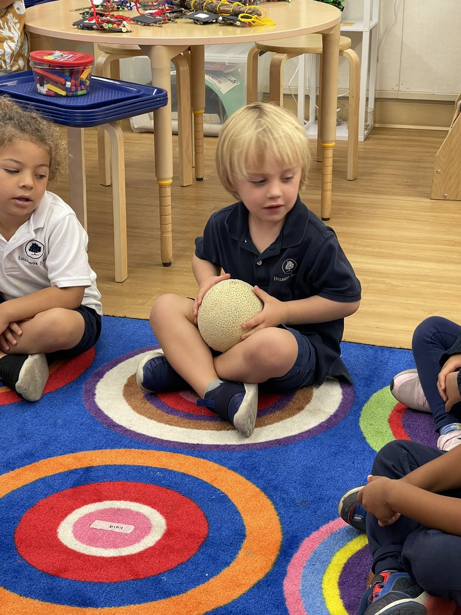 MaryBabbitt's tweet photo. We’re sharing cantelope for our community snack today in JK. We noticed it’s heavy and rough on the outside. And inside? @HillbrookJk https://t.co/7zLQ9Tup6J
