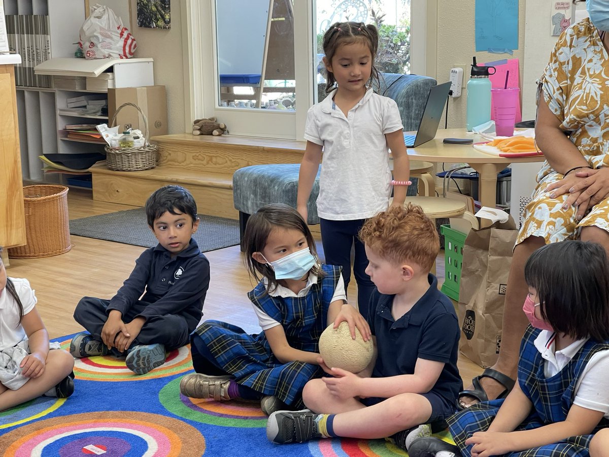 MaryBabbitt's tweet photo. We’re sharing cantelope for our community snack today in JK. We noticed it’s heavy and rough on the outside. And inside? @HillbrookJk https://t.co/7zLQ9Tup6J