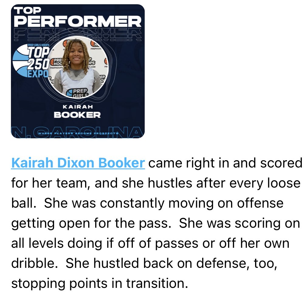 Thank you ⁦<a href="/PGH_NC/">Prep Girls Hoops North Carolina</a>⁩ for a great event this past weekend and the 📝 on ⁦⁦⁦<a href="/Itsjust_Kairah/">Kairah Dixon-Booker</a>⁩ a “gamechanger” with her versatility.