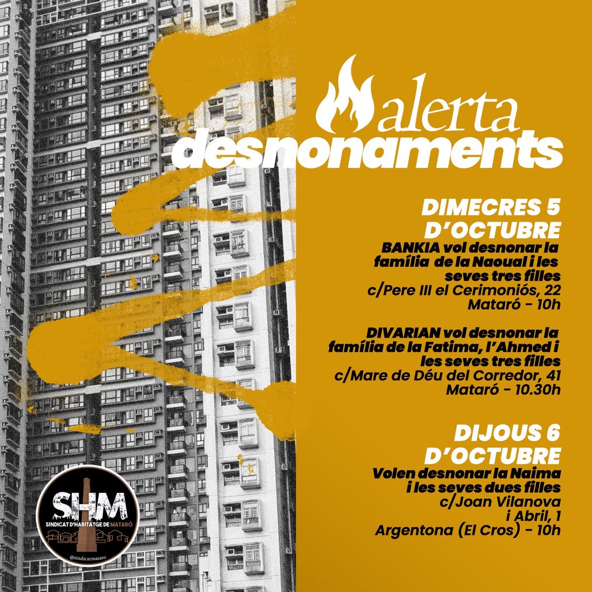 Mataro_SHSC's tweet photo. ⚠️ALERTA! Aquest dimecres i dijous @caixabank_cat @caixabank i el fons voltor Divarian volen desnonar a tres famílies de #Mataró i #Argentona. No ho permetrem! #ForçaSindicat https://t.co/KJklm2lpDP
