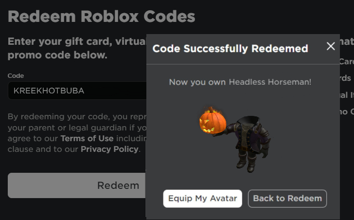 RTC 🟦 on X: This was unexpected! Roblox has released a very secret  promocode that some users have found out. This promocode get you the  headless horseman! Code: KREEKHOTBUBA #roblox #robloxdev #robloxpromocodes